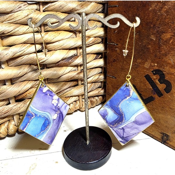 Handmade Jewelry - Handmade Abstract Wood Statement Earrings OOAK Blurple Gold‎ Metallic Dangles